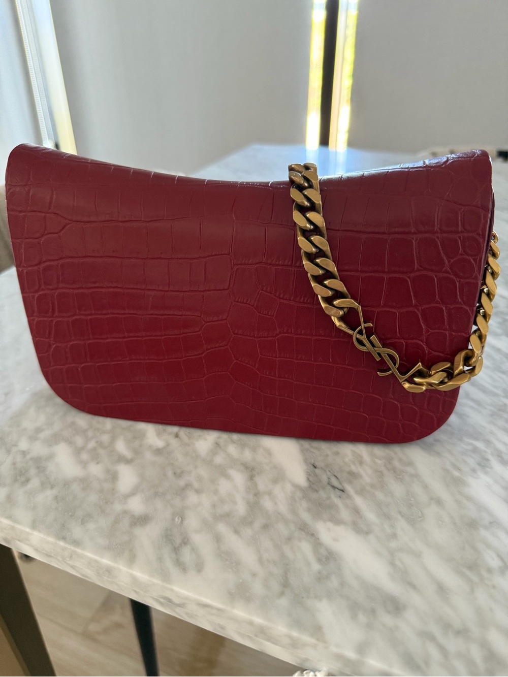 Saint Laurent YSL Red Croc-Embossed Shoulder Bag with Gold Chain